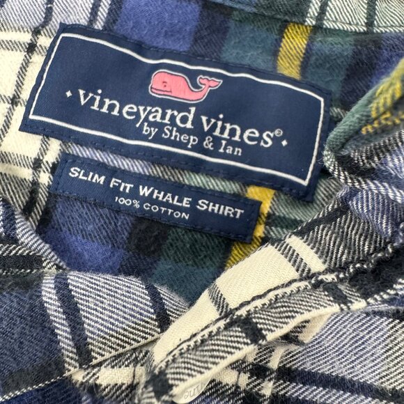 Vineyard Vines‎ Slim Fit Whale Shirt Flannel Size Medium Blue Plaid Long Sleeve - Picture 2 of 6